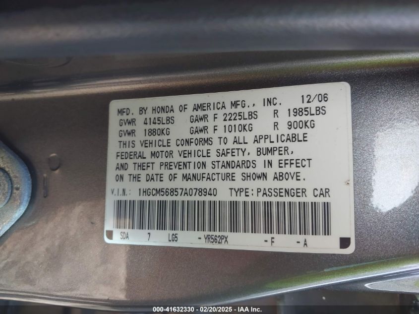 2007 Honda Accord 2.4 Ex VIN: 1HGCM56857A078940 Lot: 41632330