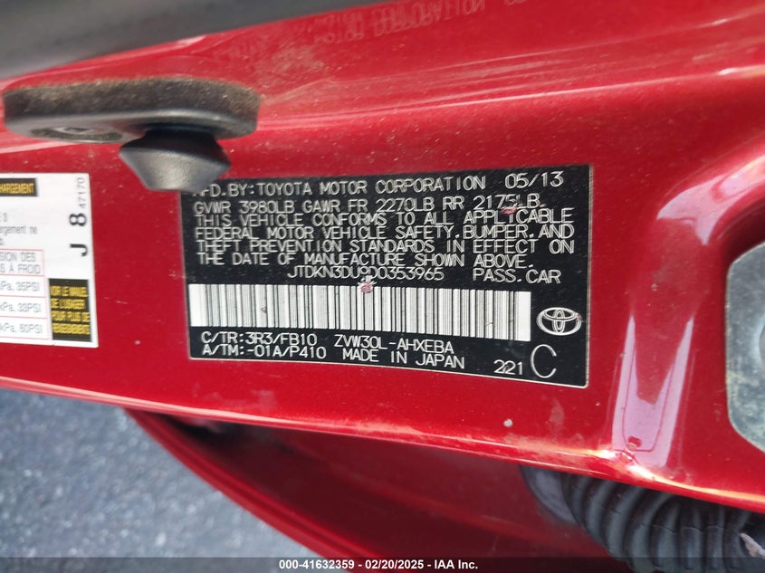2013 TOYOTA PRIUS VIN: JTDKN3DU9D0353965