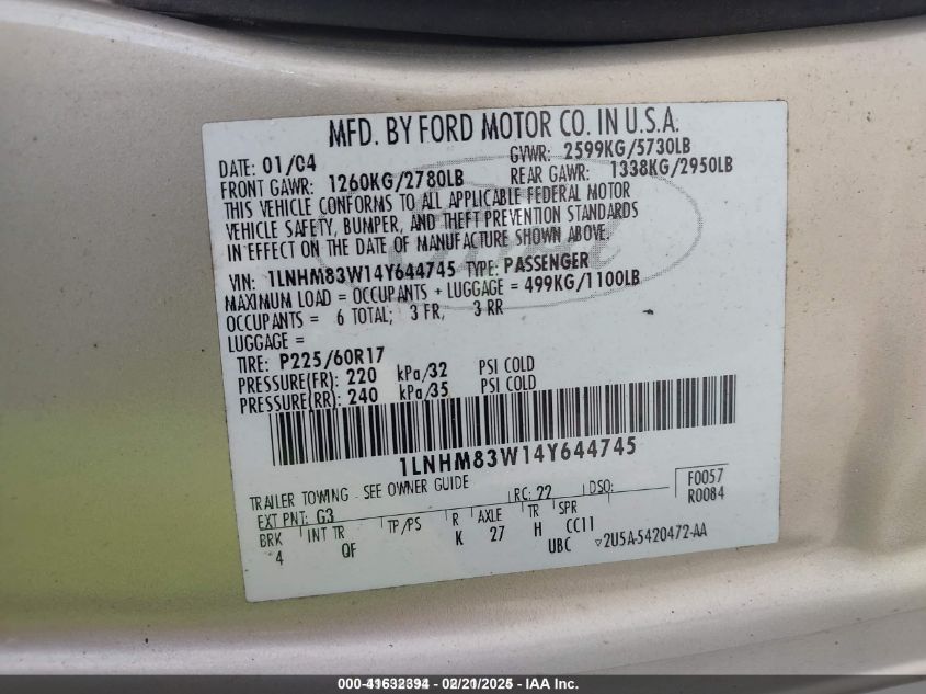 2004 Lincoln Town Car Ultimate VIN: 1LNHM83W14Y644745 Lot: 41632394