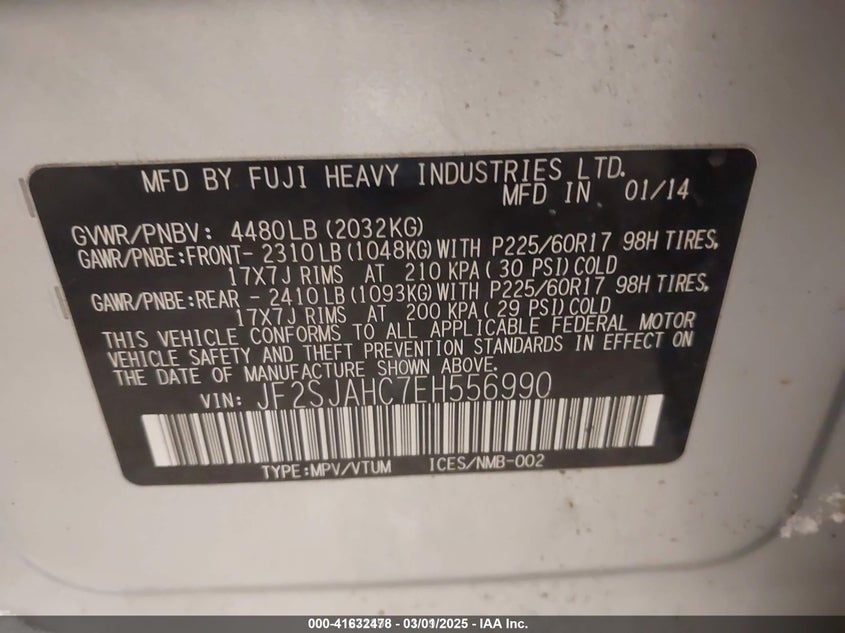 2014 SUBARU FORESTER VIN: JF2SJAHC7EH556990