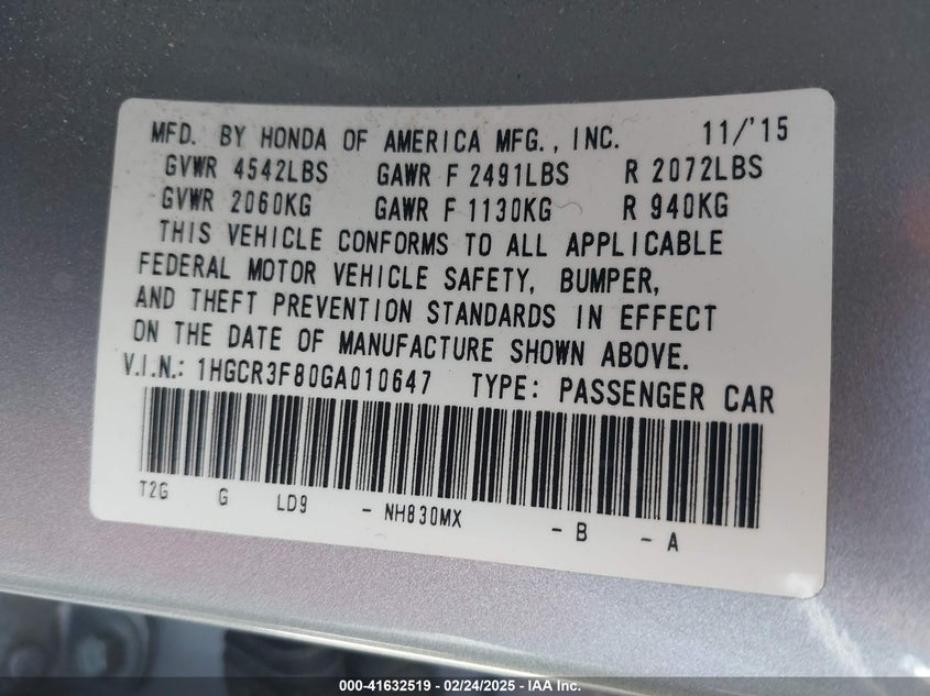2016 HONDA ACCORD VIN: 1HGCR3F80GA010647