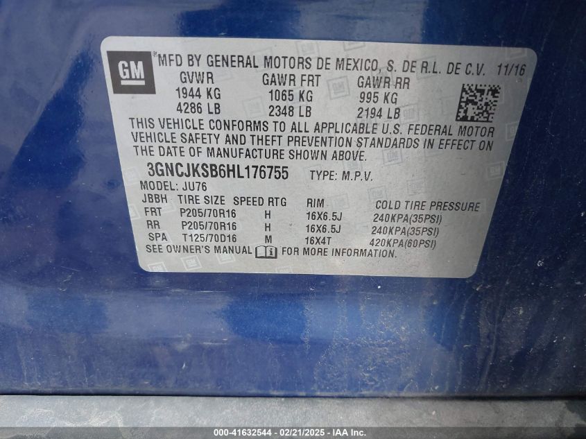 2017 Chevrolet Trax Ls VIN: 3GNCJKSB6HL176755 Lot: 41632544