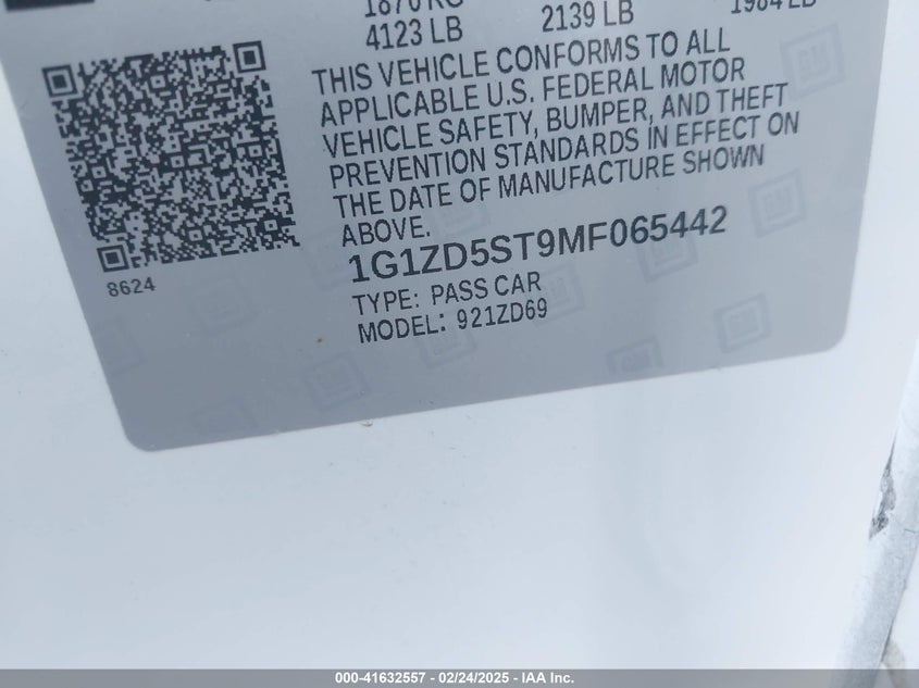 2021 Chevrolet Malibu Fwd Lt VIN: 1G1ZD5ST9MF065442 Lot: 41632557