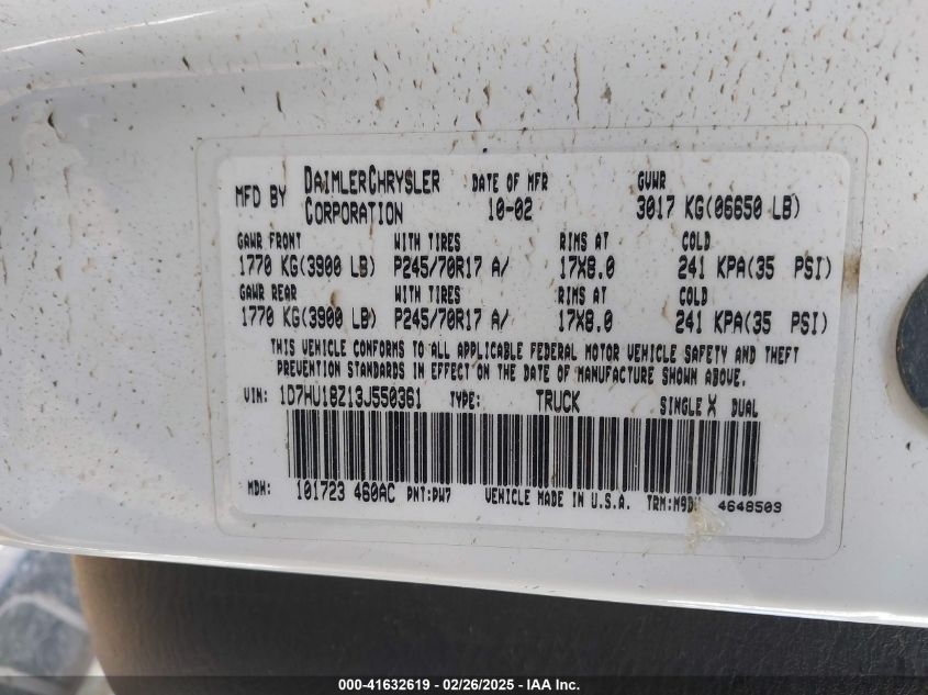 2003 Dodge Ram 1500 Slt/Laramie/St VIN: 1D7HU18Z13J550361 Lot: 41632619