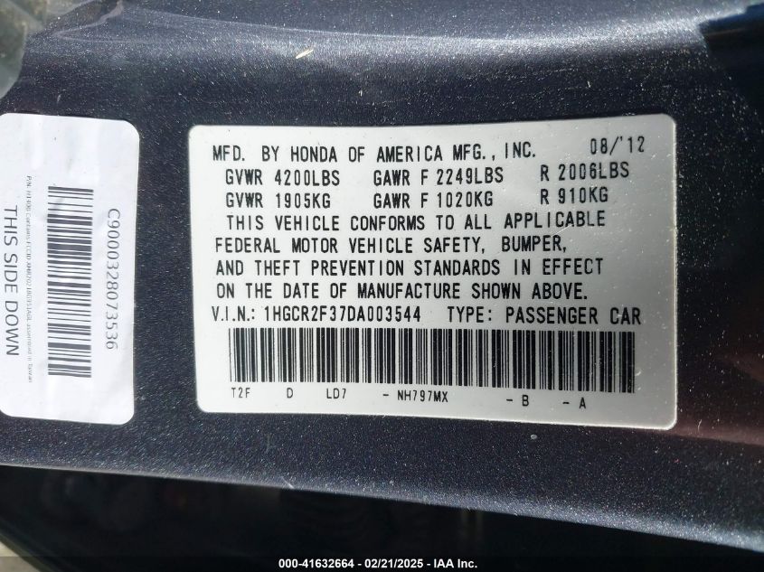 2013 Honda Accord Lx VIN: 1HGCR2F37DA003544 Lot: 41632664