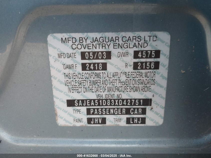 2003 Jaguar X-Type 2.5 VIN: SAJEA51D83XD42751 Lot: 41632668