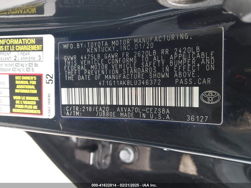 2020 TOYOTA CAMRY VIN: 4T1G11AK8LU346372
