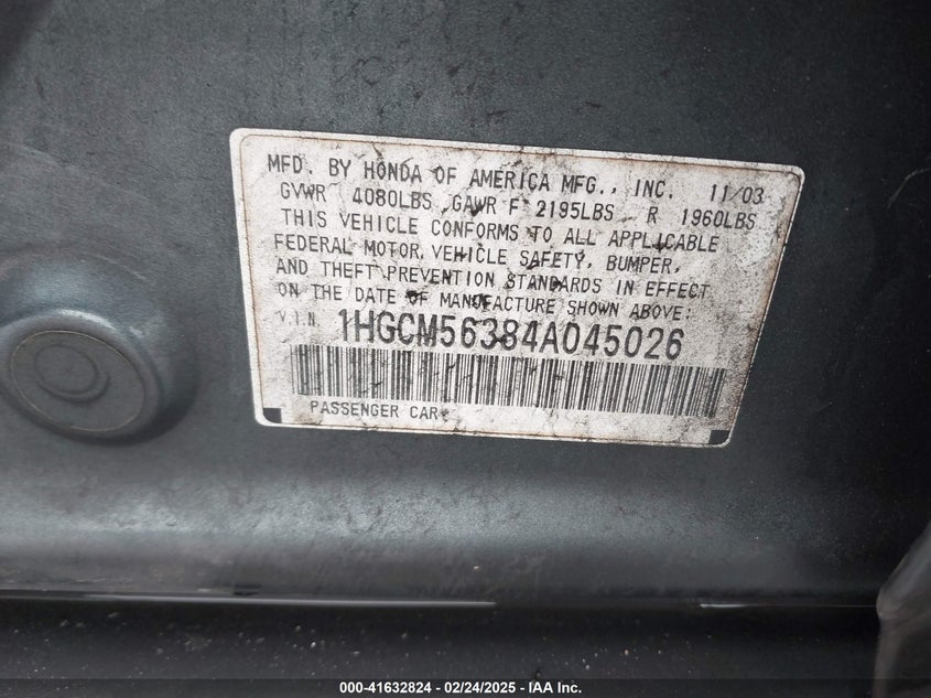 2004 Honda Accord 2.4 Lx VIN: 1HGCM56384A045026 Lot: 41632824