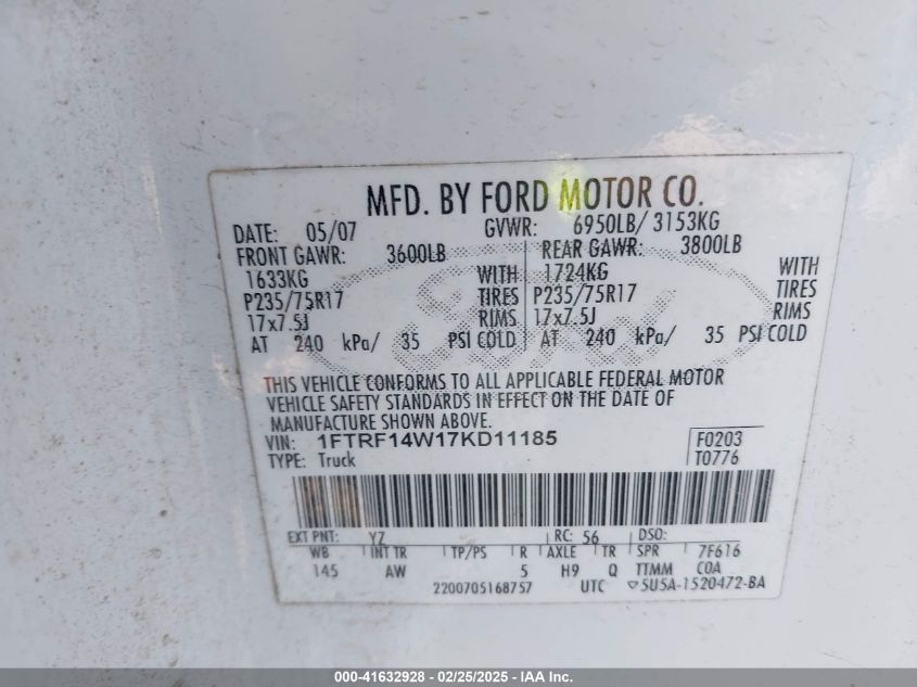 2007 Ford F-150 Stx/Xl/Xlt VIN: 1FTRF14W17KD11185 Lot: 41632928