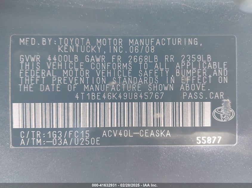 2009 TOYOTA CAMRY VIN: 4T1BE46K49U845767
