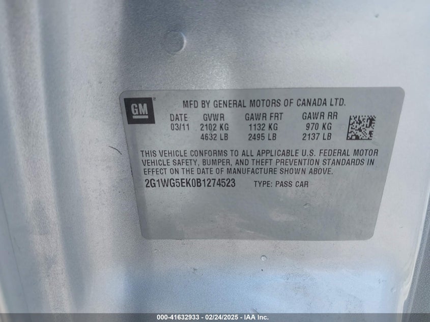 2011 CHEVROLET IMPALA VIN: 2G1WG5EK0B1274523