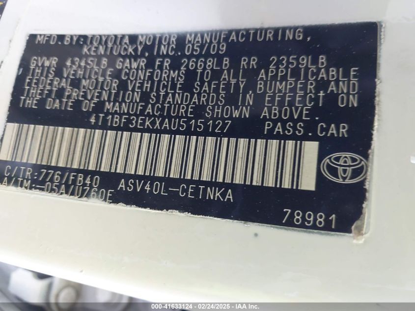 2010 Toyota Camry Se/Le/Xle VIN: 04T1BF3EKXAU51512 Lot: 41633124