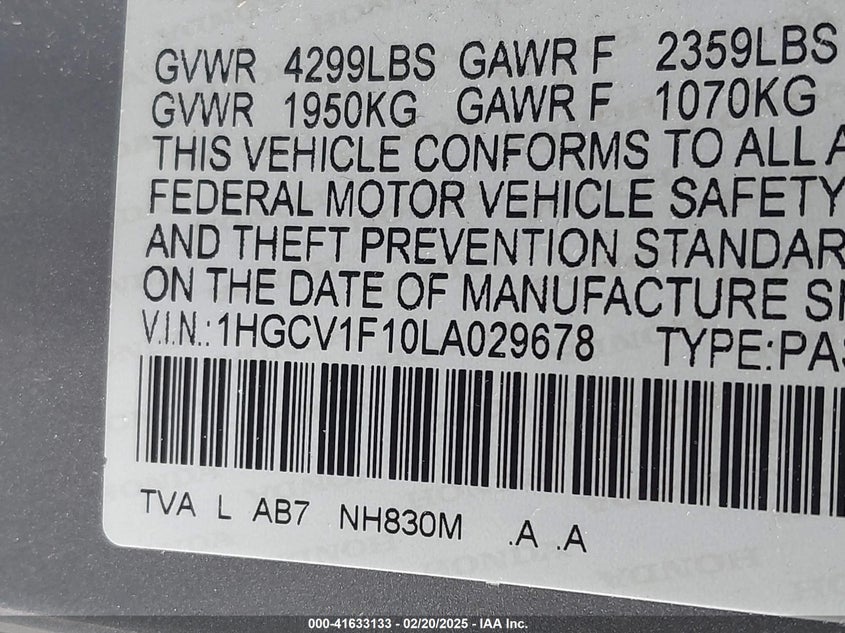 2020 HONDA ACCORD VIN: 1HGCV1F10LA029678