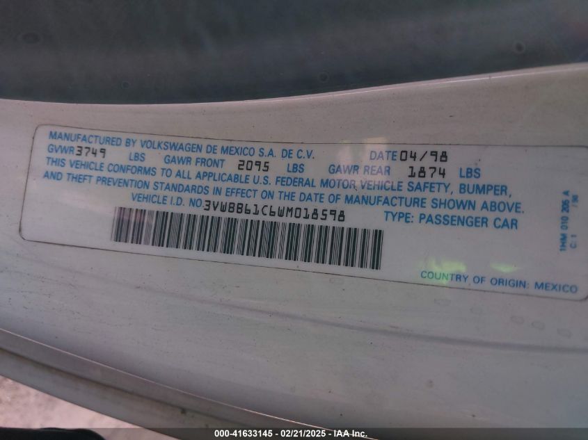 1998 Volkswagen New Beetle VIN: 3VWBB61C6WM018598 Lot: 41633145