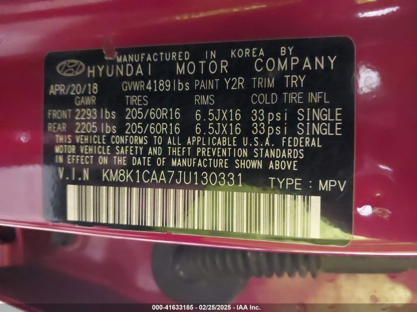 2018 HYUNDAI KONA SE - KM8K1CAA7JU130331