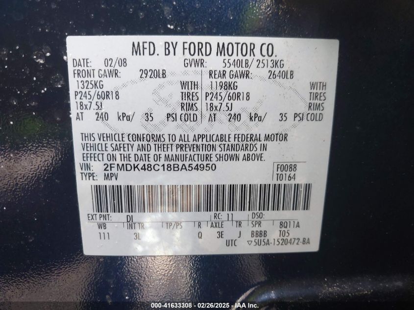 2008 Ford Edge Sel VIN: 2FMDK48C18BA54950 Lot: 41633308