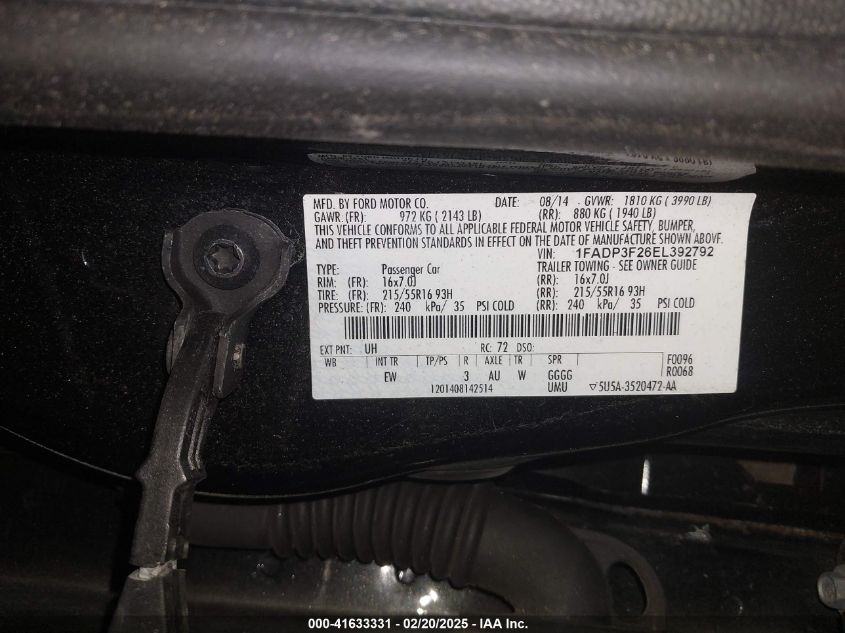 2014 Ford Focus Se VIN: 1FADP3F26EL392792 Lot: 41633331