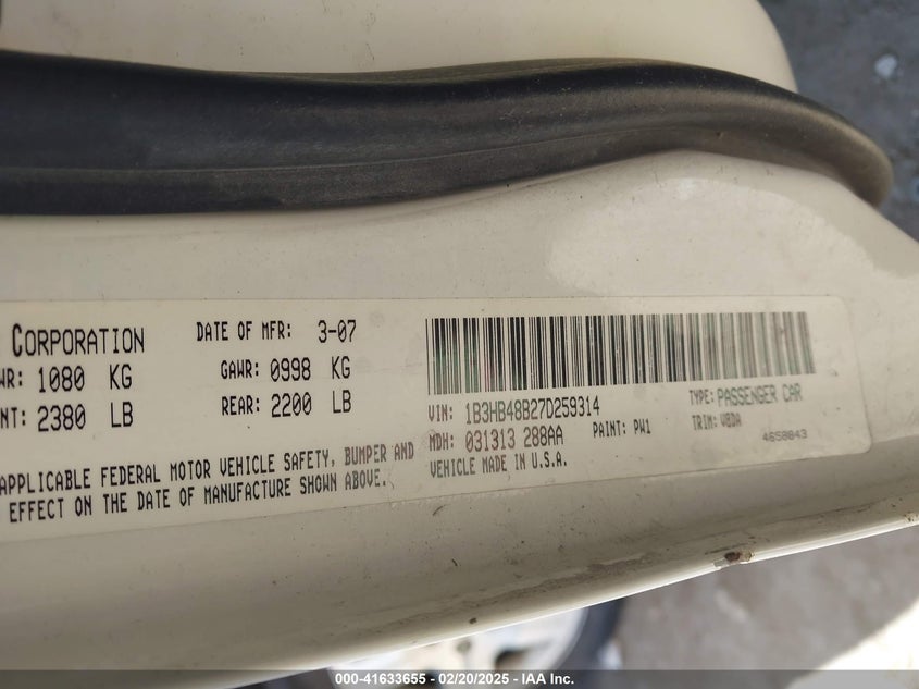 2007 DODGE CALIBER VIN: 1B3HB48B27D259314