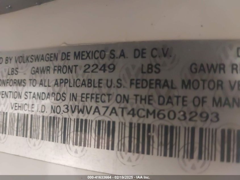 2012 Volkswagen Beetle 2.0T Turbo Launch Edition VIN: 3VWVA7AT4CM603293 Lot: 41633664