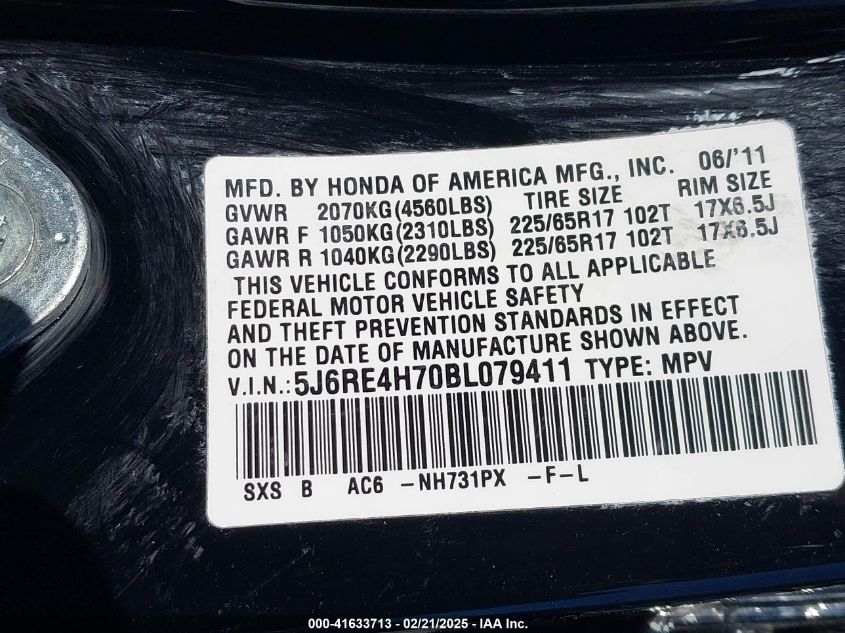 2011 Honda Cr-V Ex-L VIN: 5J6RE4H70BL079411 Lot: 41633713