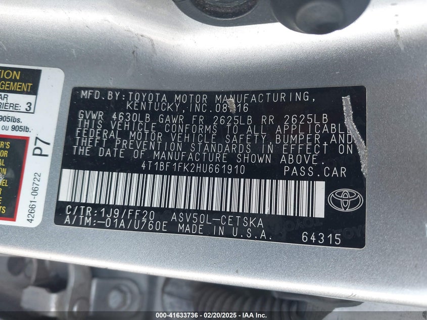 2017 TOYOTA CAMRY VIN: 4T1BF1FK2HU661910