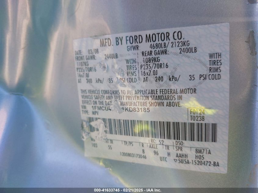 2008 Ford Escape Hybrid VIN: 1FMCU49H38KD83185 Lot: 41633745