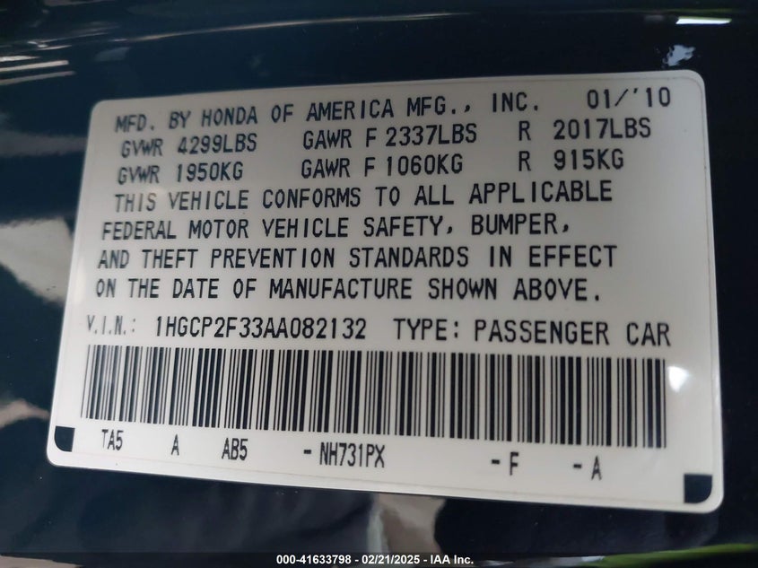 2010 HONDA ACCORD VIN: 1HGCP2F33AA082132