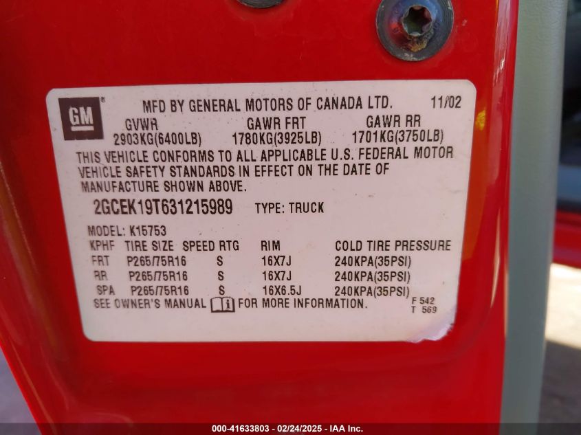 2003 Chevrolet Silverado 1500 Lt VIN: 2GCEK19T631215989 Lot: 41633803