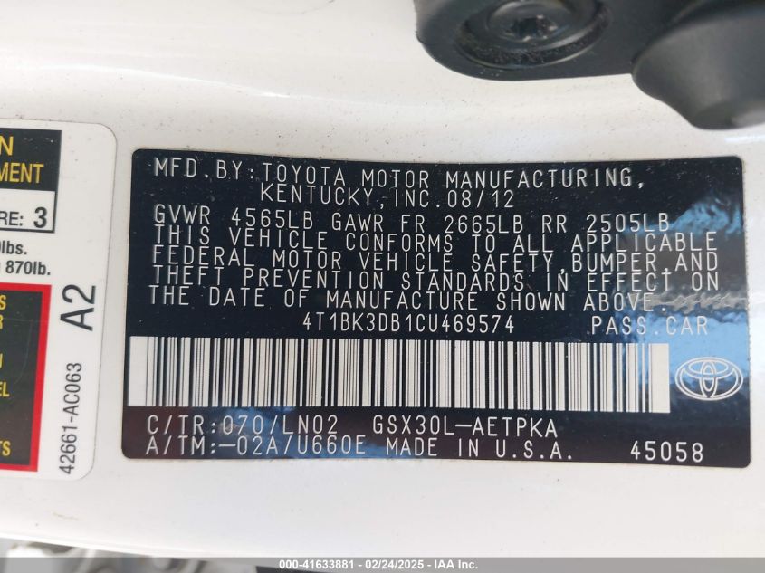 2012 Toyota Avalon Limited VIN: 4T1BK3DB1CU469574 Lot: 41633881