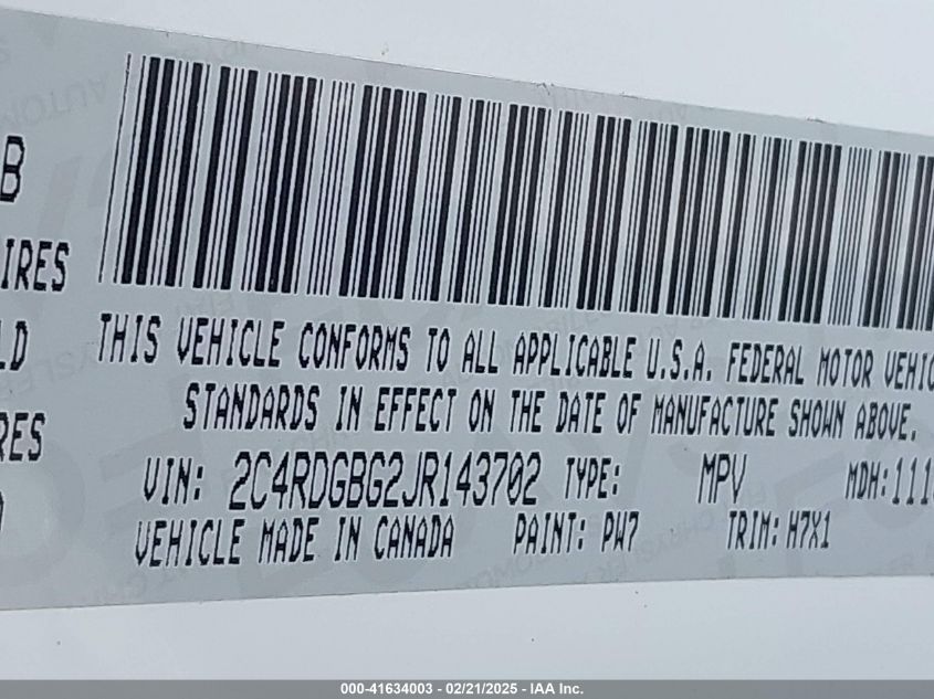 2018 Dodge Grand Caravan Se VIN: 2C4RDGBG2JR143702 Lot: 41634003