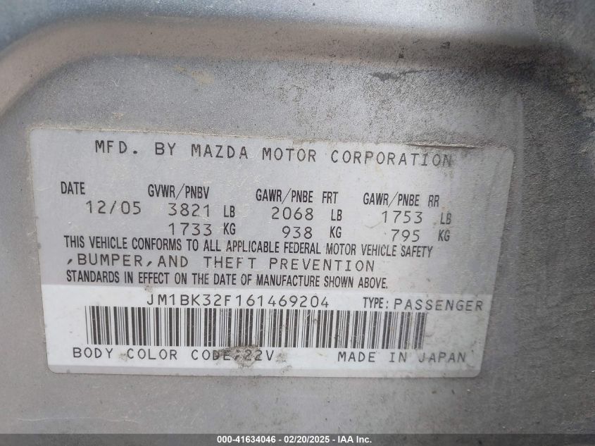 2006 Mazda Mazda3 I VIN: JM1BK32F161469204 Lot: 41634046