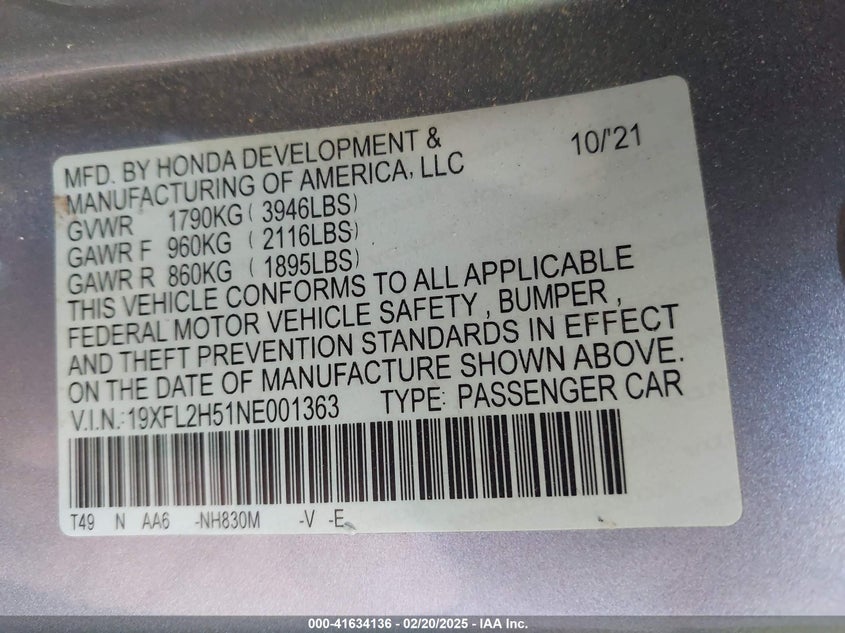 2022 HONDA CIVIC VIN: 19XFL2H51NE001363