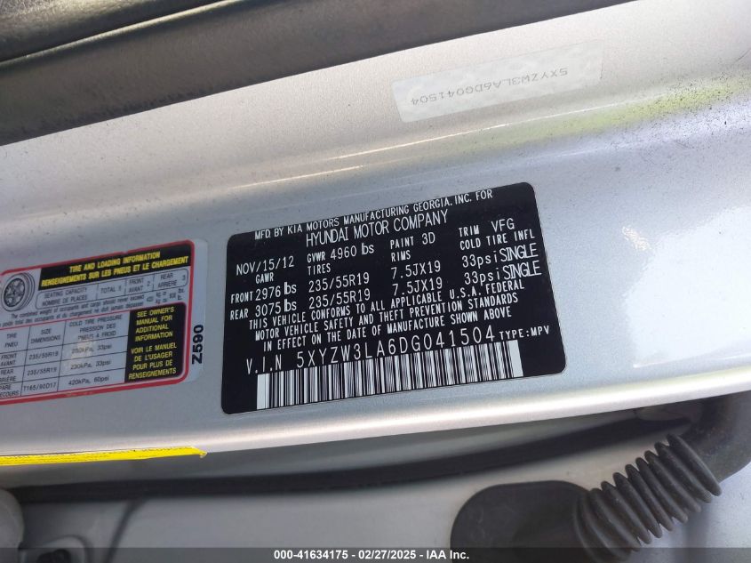 2013 Hyundai Santa Fe Sport 2.0T VIN: 5XYZW3LA6DG041504 Lot: 41634175