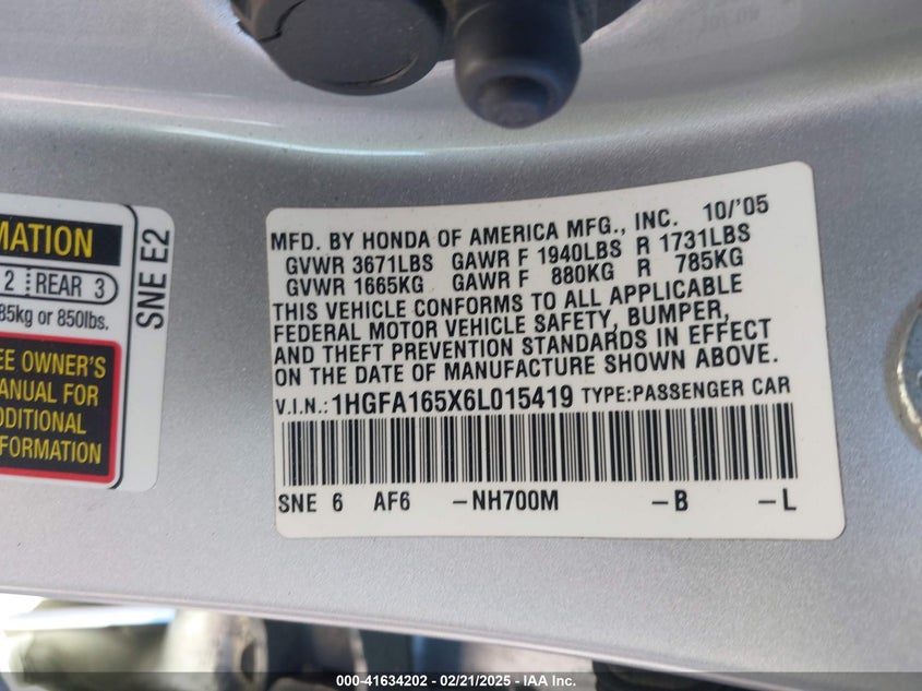 2006 HONDA CIVIC VIN: 1HGFA165X6L015419