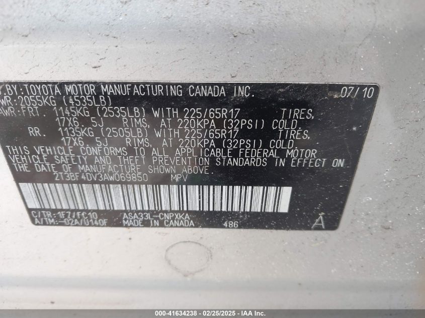2010 Toyota Rav4 VIN: 2T3BF4DV3AW069850 Lot: 41634238