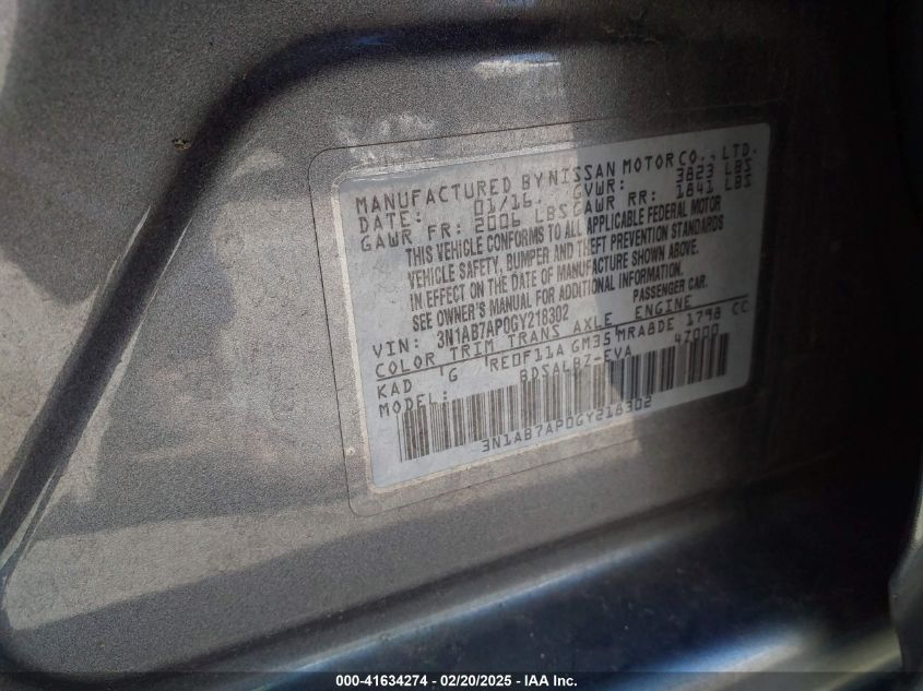 2016 Nissan Sentra Fe+ S/S/Sl/Sr/Sv VIN: 3N1AB7AP0GY218302 Lot: 41634274