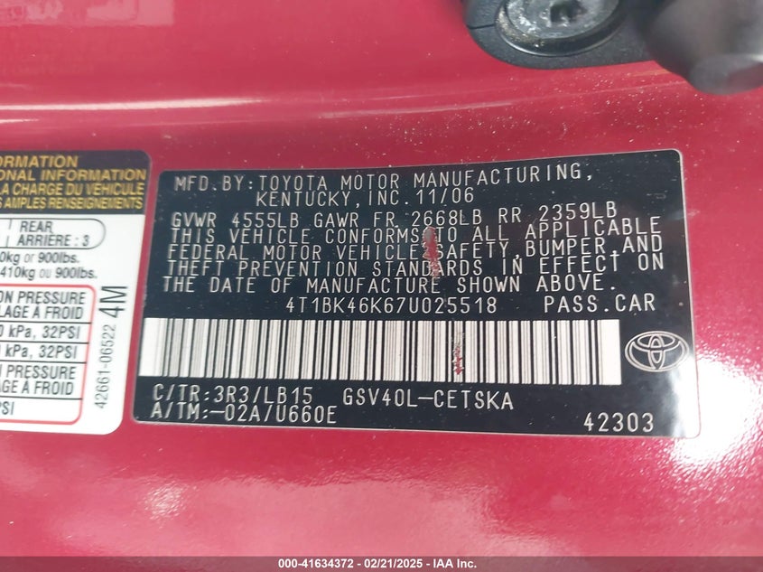 2007 TOYOTA CAMRY VIN: 4T1BK46K67U025518