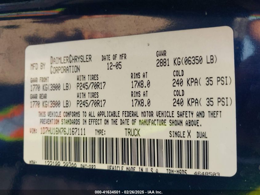 2006 Dodge Ram 1500 Slt/Trx4 Off Road/Sport VIN: 1D7HU16N76J167111 Lot: 41634501