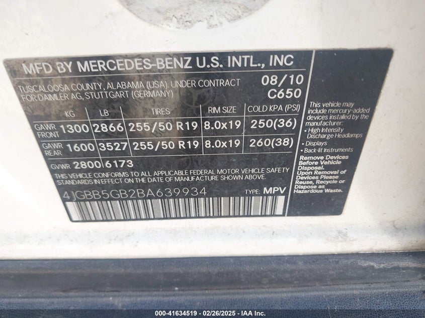 2011 MERCEDES-BENZ ML 350 VIN: 4JGBB5GB2BA639934