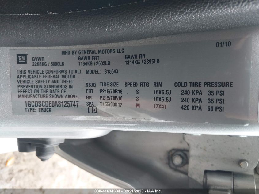 2010 Chevrolet Colorado 1Lt VIN: 1GCDSCDE0A8125747 Lot: 41634604