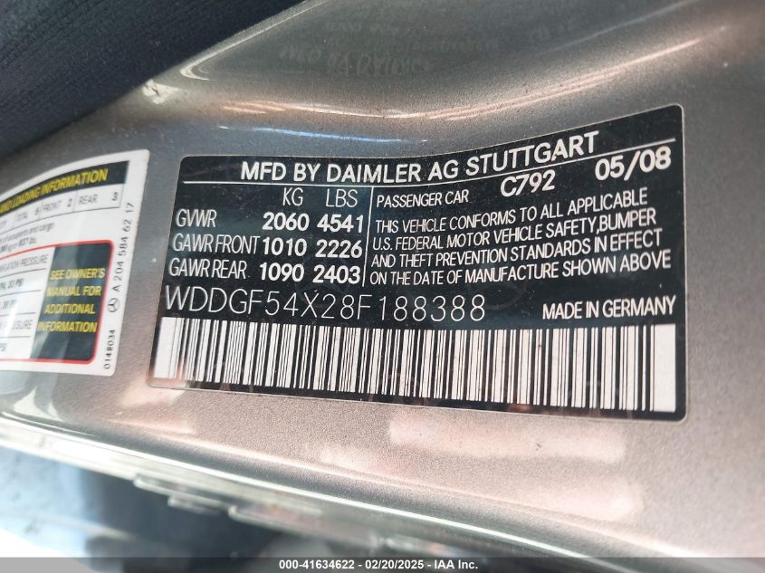 2008 Mercedes-Benz C 300 VIN: WDDGF54X28F188388 Lot: 41704248