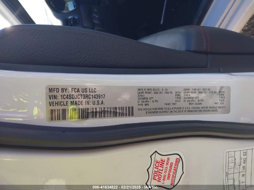 2024 Dodge Durango R/T Plus Awd VIN: 1C4SDJCT3RC143917 Lot: 41634822