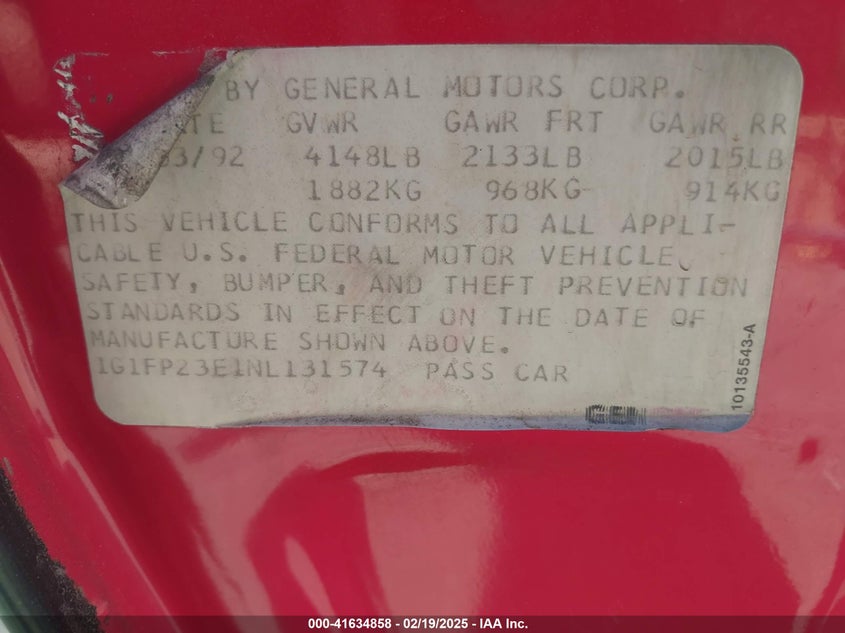 1992 Chevrolet Camaro Rs VIN: 1G1FP23E1NL131574 Lot: 41634858