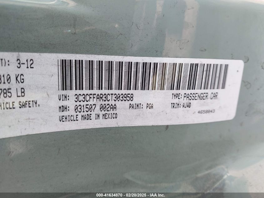 2012 Fiat 500 Pop VIN: 3C3CFFAR3CT303958 Lot: 41634870