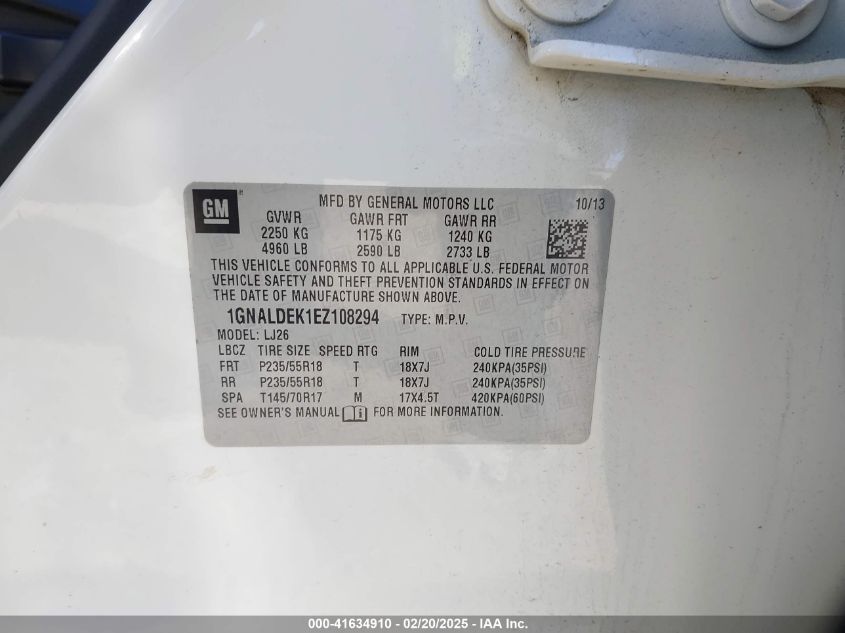 2014 Chevrolet Equinox Ltz VIN: 1GNALDEK1EZ108294 Lot: 41634910