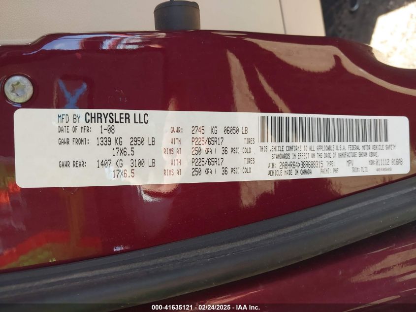 2008 Chrysler Town & Country Limited VIN: 2A8HR64X38R688315 Lot: 41635121