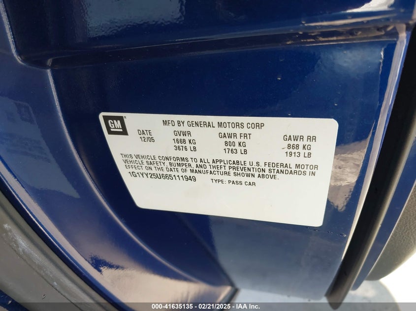 2006 CHEVROLET CORVETTE VIN: 1G1YY25U665111949