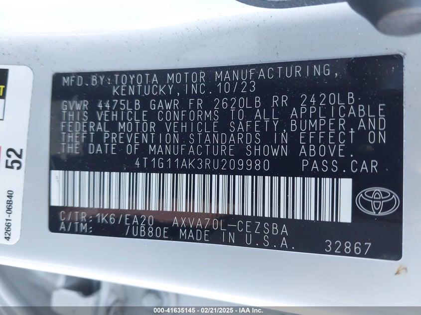 2024 TOYOTA CAMRY VIN: 4T1G11AK3RU209980