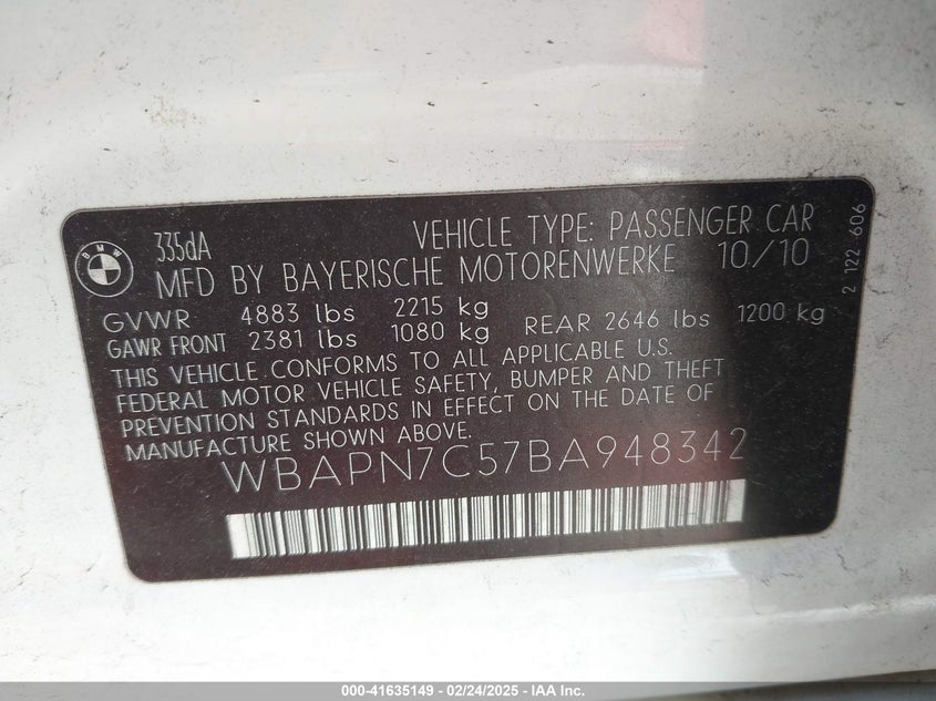 2011 BMW 335 VIN: WBAPN7C57BA948342