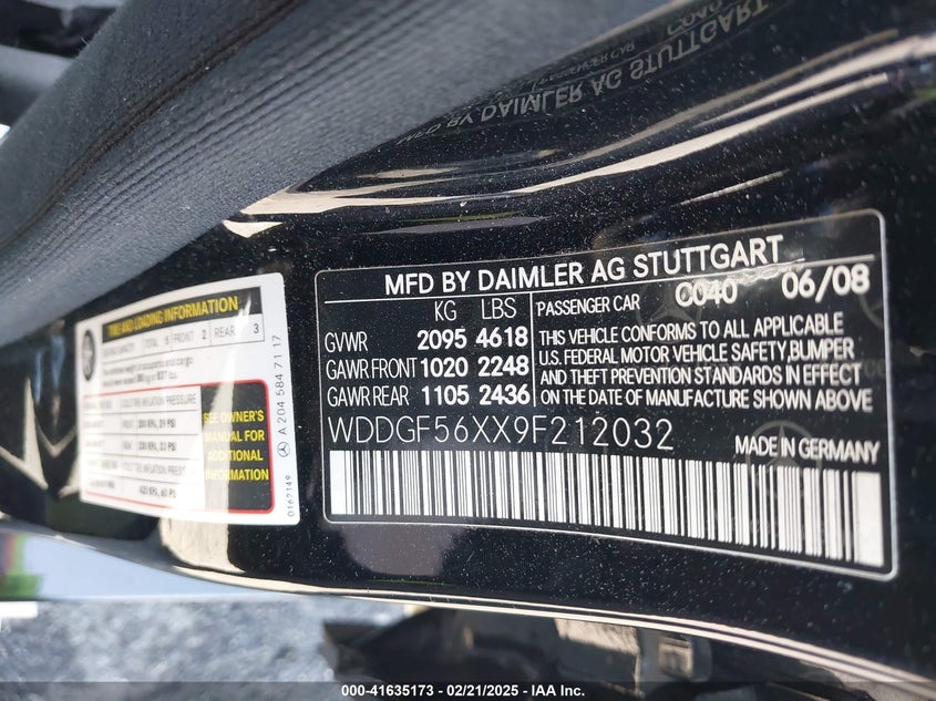 2009 MERCEDES-BENZ C VIN: WDDGF56XX9F212032